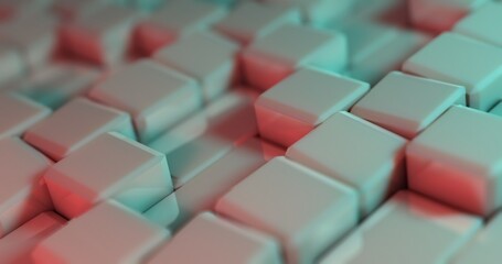 3D rendering background of randomized plastic blocks, closeup with selective focus in 4K