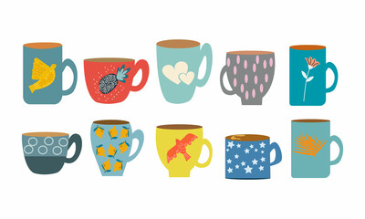 Collection of different modern cups decorated with design elements vector flat illustration. Set of colored mugs filling by beverages isolated. Cute trendy crockery with handle for drink