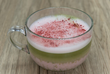 Organic, nutritious, and healthy beet rose latte, served in a clear mug for a warm and invigorating start to your day