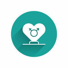 White Gender icon isolated with long shadow background. Symbols of men and women. Sex symbol. Green circle button. Vector
