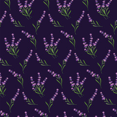 Seamless pattern with Lavender flowers and blossom. Original, hand-drawn background. Floral pattern ideal for fabric, packaging, or wallpaper. Flower Lavandula Lavender. Summer herb pattern.