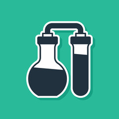 Blue Test tube and flask chemical laboratory test icon isolated on green background. Laboratory glassware sign. Vector