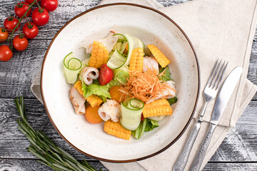 salad, salad of fresh vegetables on a white wooden background, top view