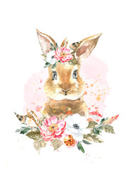 Watercolor woodland animal boho bunny botanical frame isolated cute animal with color splash. Nursery woodland illustration. Bohemian boho animals for baby shower invitation, nursery print, greeting