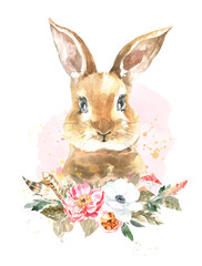 Watercolor woodland animal boho bunny botanical frame isolated cute animal with color splash. Nursery woodland illustration. Bohemian boho animals for baby shower invitation, nursery print, greeting