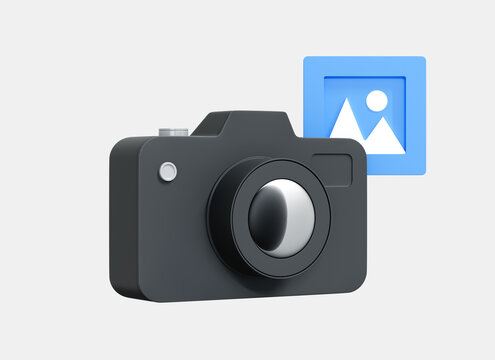 3D Photo camera with print picture. Realistic snapshot camera with image. Professional photography concept. Black and blue. Cartoon creative design icon isolated on white background. 3D Rendering