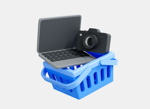 3D Basket with laptop and photo camera. Online shopping concept. Purchase of professional equipment. Electronics store. Cartoon creative design icon isolated on white background. 3D Rendering