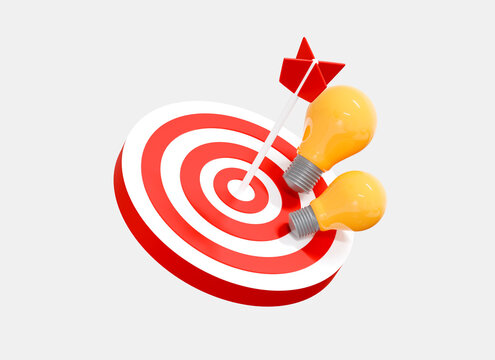 3D Target and SEO optimisation. Marketing time concept. Business solution and idea. Dartboard with lightbulb. Goal achievement. Cartoon creative design icon isolated on white background. 3D Rendering