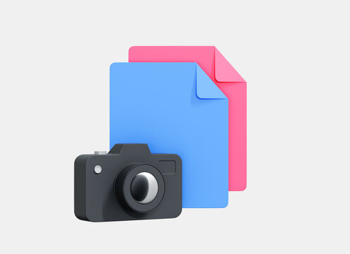 3d Photo camera with files icon sign. File and photo management concept. Raw document. Photo report and photography storage. Cartoon creative design icon isolated on white background. 3D Rendering
