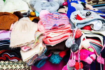 Street sale of cold weather clothing made in wool at Caldas Square in the center of the city of Popayan