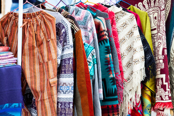 Street sale of cold weather clothing made in wool at Caldas Square in the center of the city of Popayan