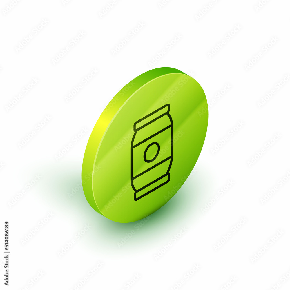 Sticker isometric line beer can icon isolated on white background. green circle button. vector