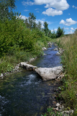 A calm mountain stream flows down between trees and grasses. There are stones in the river bed. The blue sky is covered with white clouds.