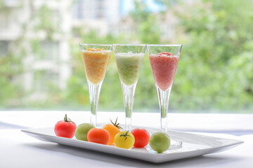 Healthy Fresh Juice, Colorful Tomato Smoothie on White Dish