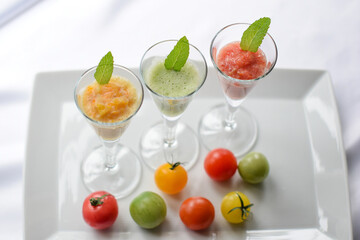 Healthy Fresh Juice, Colorful Tomato Smoothie on White Dish