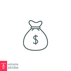 Money bag line icon. Simple outline design style. Dollar, moneybag, cash, million, sack concept. Vector illustration isolated on White background. Editable stroke Eps 10.