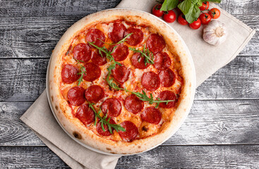 Pizza, pizza on a wooden white background, top view