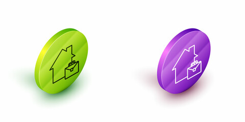 Isometric line Online working icon isolated on white background. Freelancer man working on laptop at his house. Remote work. Distant job concept. Green and purple circle buttons. Vector
