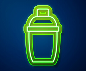Glowing neon line Cocktail shaker icon isolated on blue background. Vector