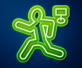 Glowing neon line Murder icon isolated on blue background. Body, bleeding, corpse, bleeding icon. Concept of crime scene. Vector