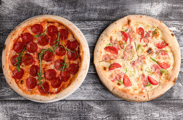 Pizza, pizza on a wooden white background, top view