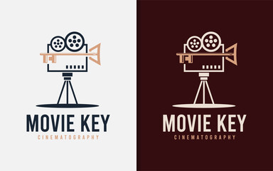 Movie Cinematography Logo Design with Film Video Camera and Abstract Key Combination Style Concept.
