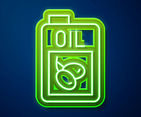 Glowing neon line Bottle of olive oil icon isolated on blue background. Jug with olive oil icon. Vector