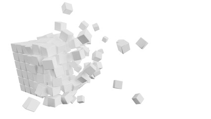 A set of many white cubes that are collapsing under white lighting background. Conceptual 3D illustration of blockchain, financial system and personal data analysis.