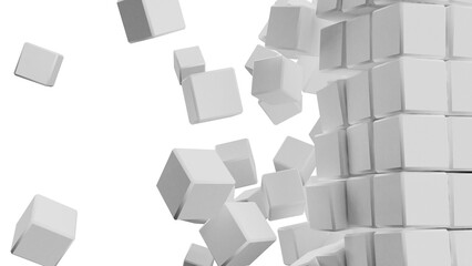 A set of many white cubes that are collapsing under white lighting background. Conceptual 3D illustration of blockchain, financial system and personal data analysis.