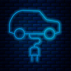 Glowing neon line Electric car and electrical cable plug charging icon isolated on brick wall background. Renewable eco technologies. Vector