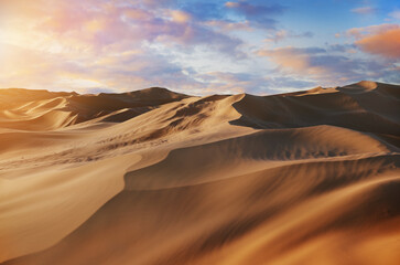 Naklejka na ściany i meble Panorama of sand dunes Sahara Desert at sunset. Endless dunes of yellow sand. Desert landscape Waves sand nature, 3d illustration.