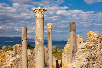 Scenic view of remains of stone walls and granite columns of Central Church on Mediterranean coast...