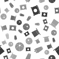 Obraz premium Set Ancient magic book, Popcorn in box, Magician hat and Beach ball on seamless pattern. Vector