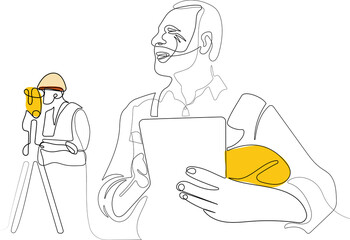 Close up of young Caucasian worker with helmet on head using tablet for work while standing in warehouse. Surveyor with a tripod icon. Geodesic tripod. Vector illustration