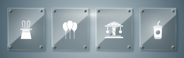 Set Paper glass with water, Attraction carousel, Balloons ribbon and Magician hat and rabbit ears. Square glass panels. Vector