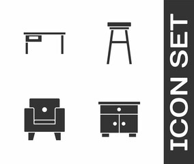 Set Furniture nightstand, Office desk, Armchair and Chair icon. Vector