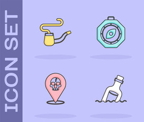 Set Bottle with message in water, Smoking pipe, Location pirate and Compass icon. Vector