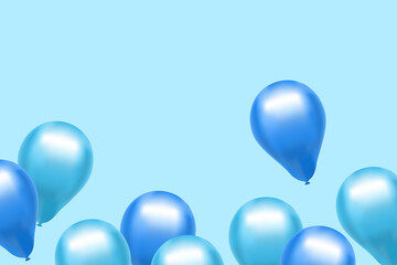 Vector illustration with blue balloons. Realistic colorful helium balloons on cyan backdrop