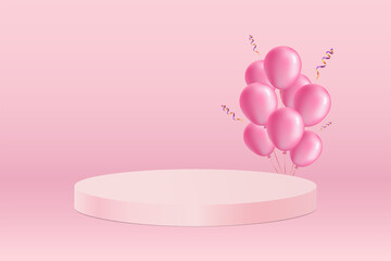 Celebration podium. Vector illustration. Stage with pink helium balloons and serpentine on pink backdrop