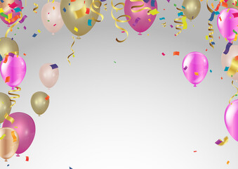 Happy holiday banner. golden color and pink balloons and confetti Vector illustration  for Valentine's Day.