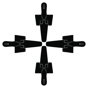 Cross made of four female figurines. Mother goddess from Turriga. Madre di Turriga. Neolithic pagan idol. Black and white silhouette.