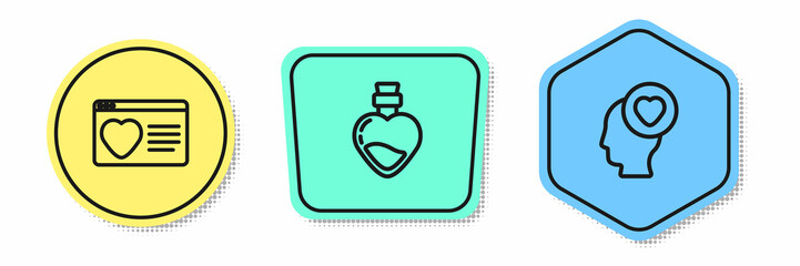 Obraz premium Set line Dating app online, Bottle with love potion and Head heart. Colored shapes. Vector