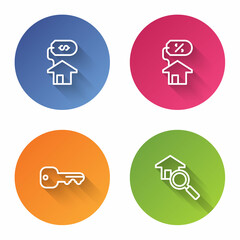 Set line House with dollar, percant, key and Search house. Color circle button. Vector