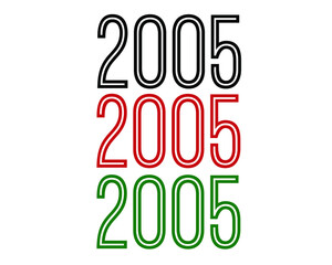 Year 2005 set black, blue and green outline. Vector with year and white background.