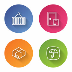Set line Container on crane, Home delivery services, Carton cardboard box and Delivery package with umbrella. Color circle button. Vector