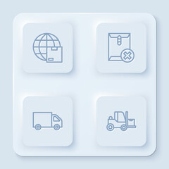 Set line Worldwide shipping, Delete envelope, Delivery cargo truck and Forklift. White square button. Vector