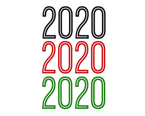 Year 2020 set black, blue and green outline. Vector with year and white background.