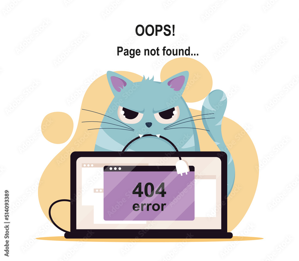 Wall mural error 404 poster. angry cat sits next to laptop, user cannot open desired page on internet. wrong we
