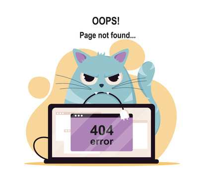 Error 404 poster. Angry cat sits next to laptop, user cannot open desired page on Internet. wrong website link, technical work. Modern technologies and digital world. Cartoon flat vector illustration