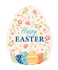 Happy Easter postcard. Stylish patterns in form of eggs, plants and flowers. Traditional religious spring holidays, greeting or invitation card. Cover for website. Cartoon flat vector illustration